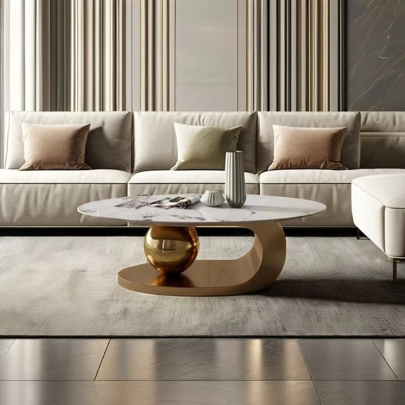 

Luxury Living Room Furniture Slate Marble Top Stainless Steel Modern Round Coffee Table with Gold Metal