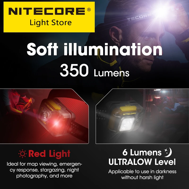 Nitecore-デュアルパワーソースのヘッドランプ,キャンプ,仕事,トレイルの実行,釣りのヘッドライト,ha13,350ルーメン,3x aaaバッテリー