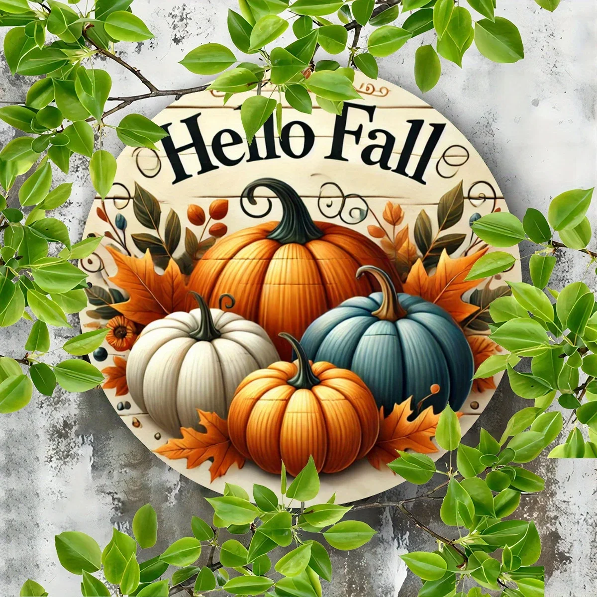 CIFBUY Vintage Round Metal Sign 7.87x7.87 Autumn Greeting Pumpkin Fall Leaves Decor, Distressed Aluminum Wall Door Plaque