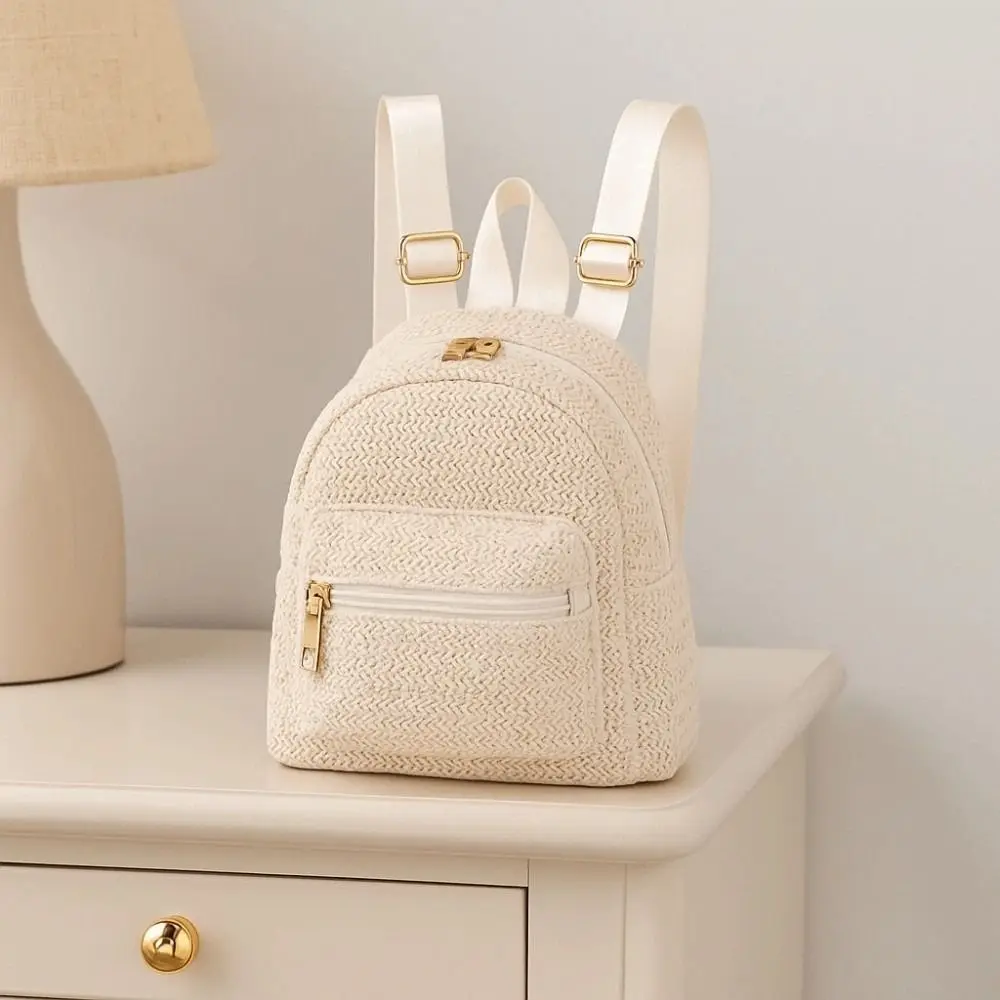 ポータブル織物小さなバックパックエスニックスタイル軽量わら織りバックパック大容量ポリエステルミニスクールバッグ毎日