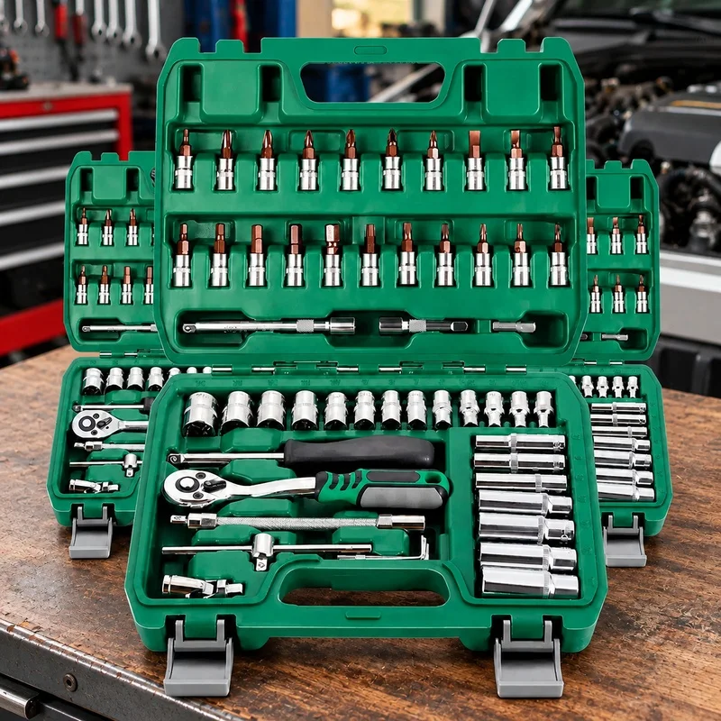 Complete 46-Piece Auto Repair Kit with Green Ratchet Tools for Vehicle Maintenance