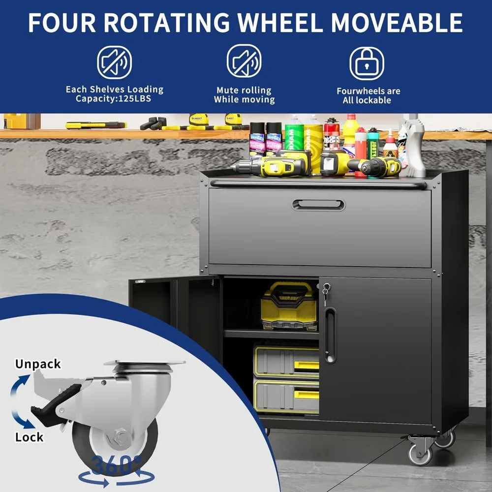 Rolling Tool Cabinet with Wheels, Tool Cabinets with 2 Door and 1 Drawer for Garage, Tool Room, Assembly Required