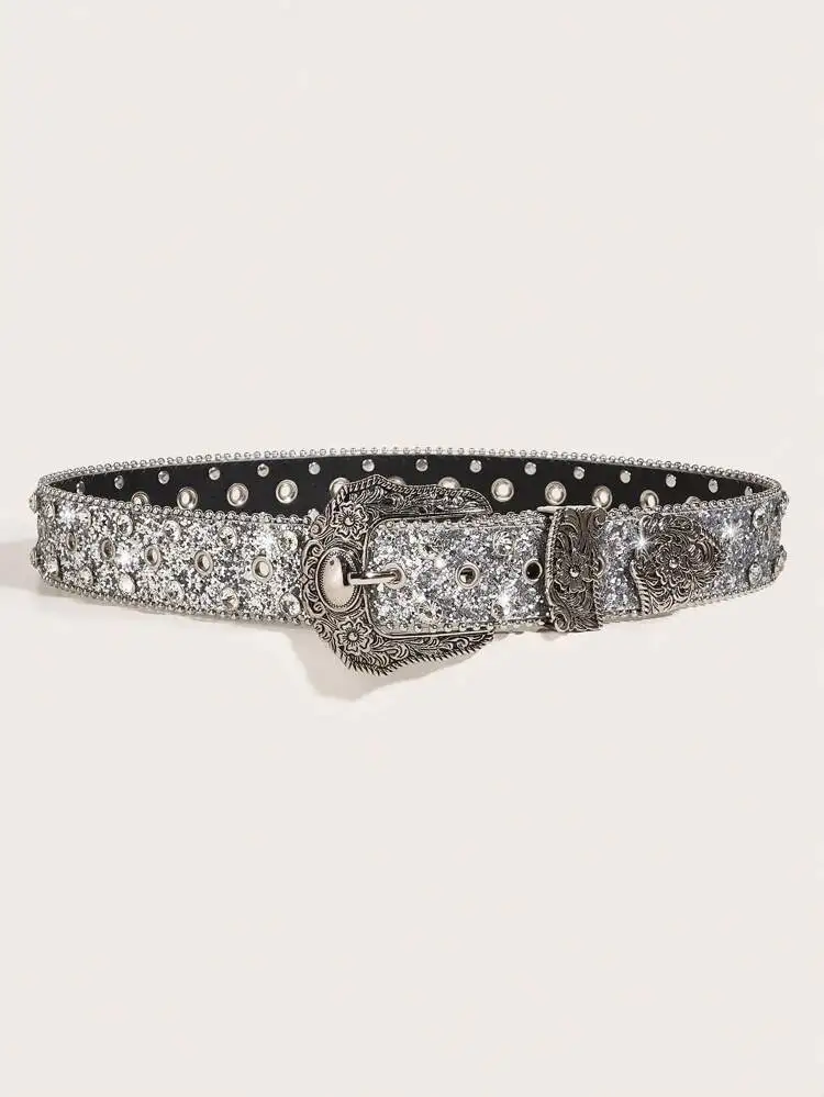 Women Sequin & Rhinestone Decor Geometric Buckle Fashion Belt For Dress Decoration