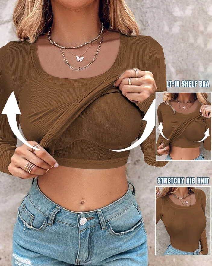 

Women's Autumn Fashion New Simple and Personalized Top U-Neck Built-In Bra Long Sleeve Ribbed Top Shipped Within 48 Hours