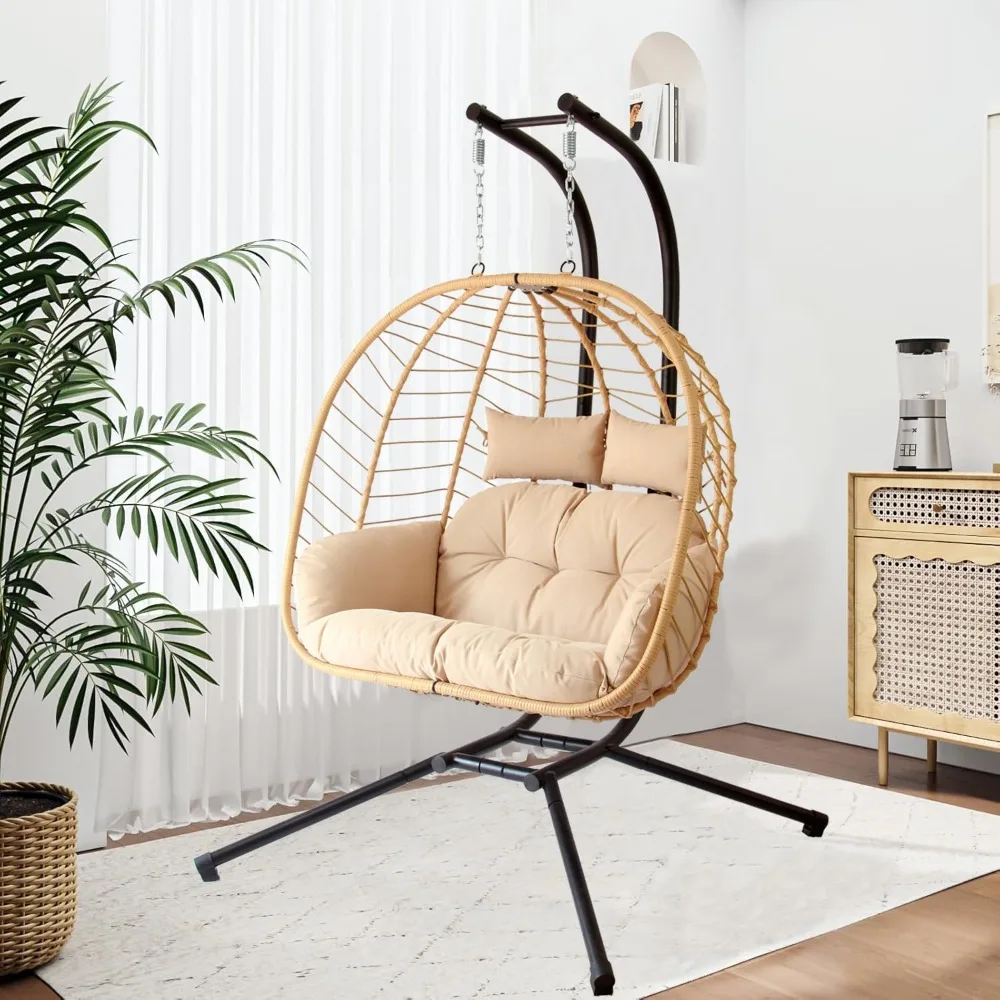 

Double Egg Chair with Stand, Patio Wicker Hanging Swing Egg Chair Thickened, Galvanized Pipe Steel Frame and UV Resistant Cushio