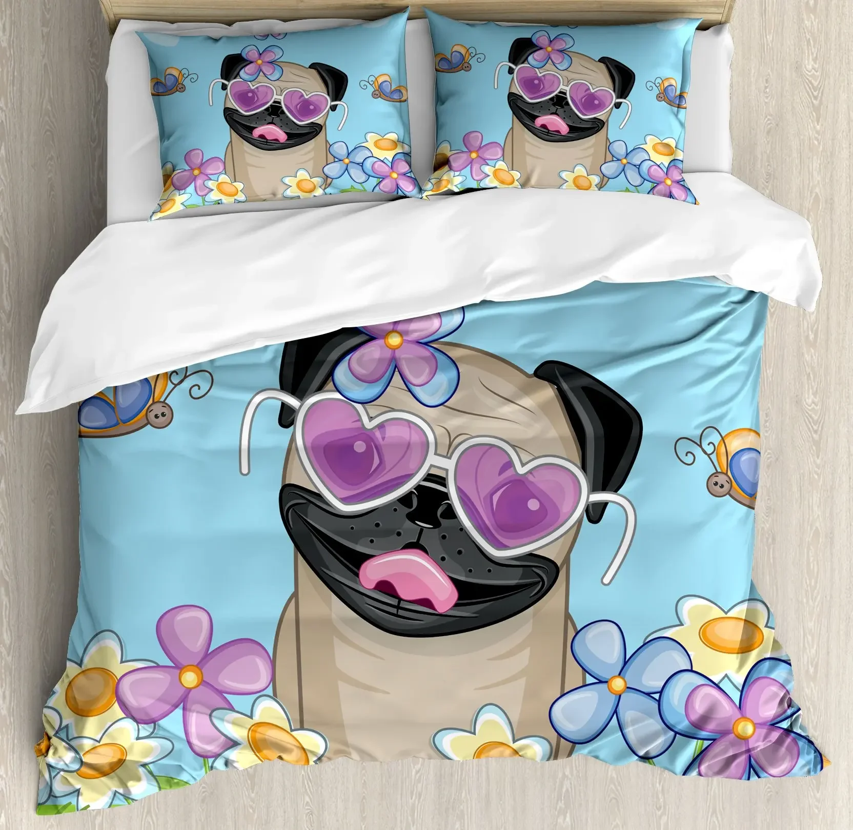 Bulldog Duvet Cover Puppy on The Field Flowers Butterflies Heart Shaped Clouds Open Sky Bedroom Decorative Bedding Set Sky Blue