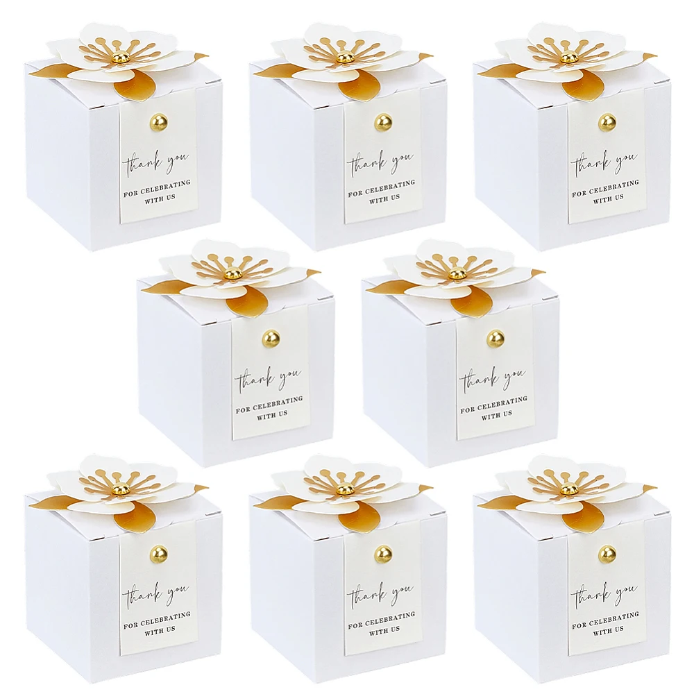 50 Sets 3 In 1 White Favor Boxes with Floral Decor Wedding Favor Boxes 2.6x2.6x2.5inch White Thank You Tags Gift Wrapping