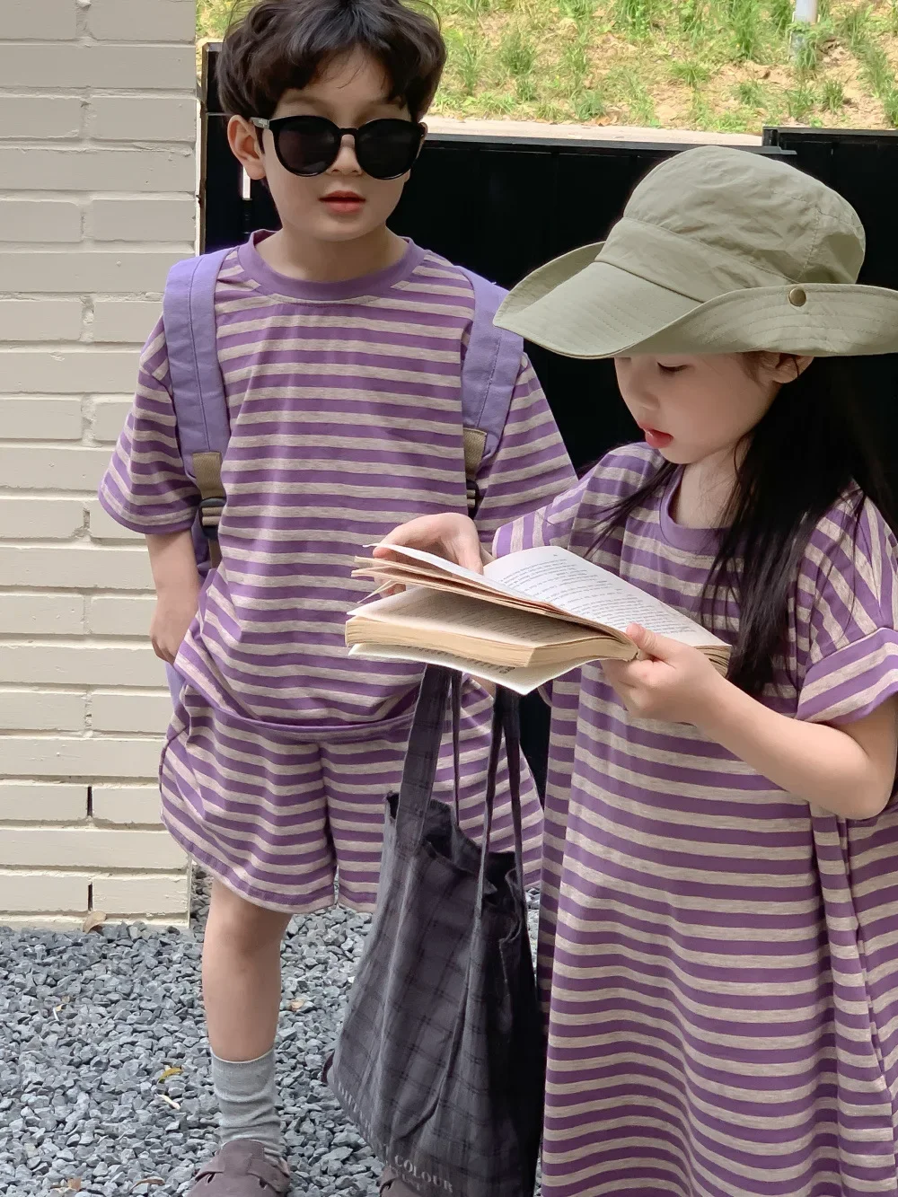 2024 Summer New Children Brother Sister Purple Striped Clothes Set Boys T-shirt Shorts Suit Girls Casual Dress Sibling Outfits