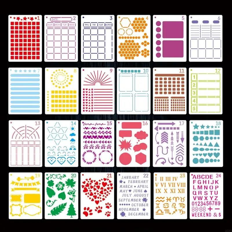 Q5WA 24PCS Planner Strancils DIY Шаблоны рисования для ноутбука дневник записной книжки