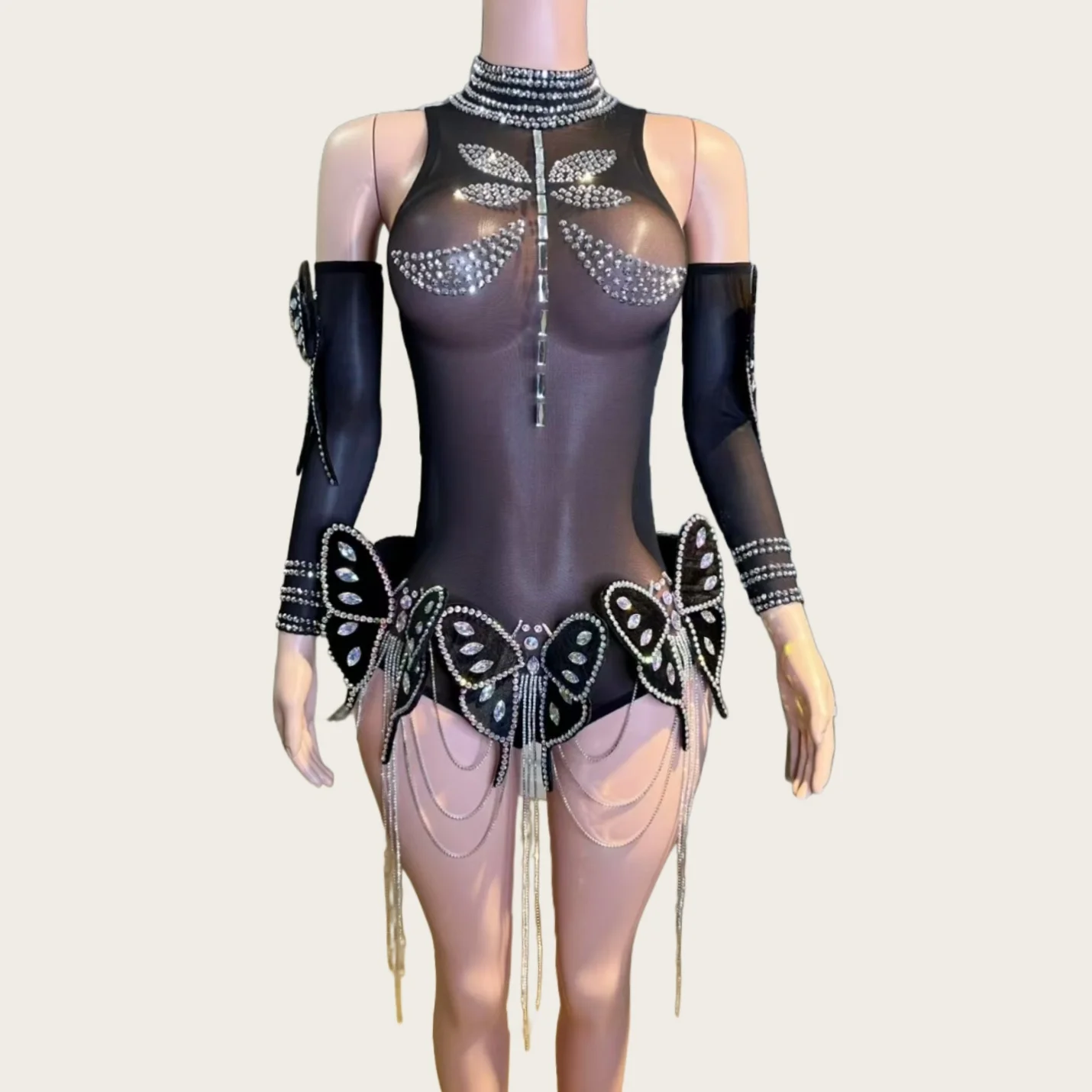 

3D Butterfly Black See Through Mesh Bodysuit Sparkly Rhinestone Tassel Stage Performance Outfit Singer gig Party Catsuit fudie