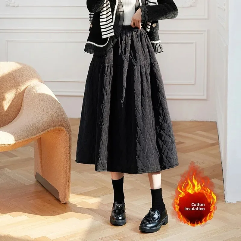 

Warm Cotton Quilted Diamond Pattern A-Line Midi Skirt Plus Size Women's Faion Slimming Color Autumn Winter New Arrival