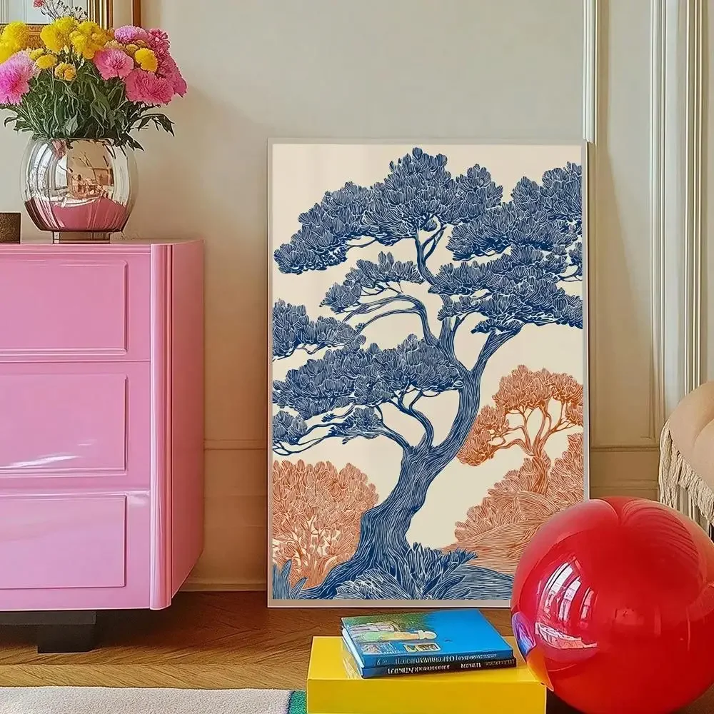 Oak Tree Canvas Poster Vintage Linocut Forest Landscape Blue Woodland Botanical Home Decor Gift Painting Calligraphy