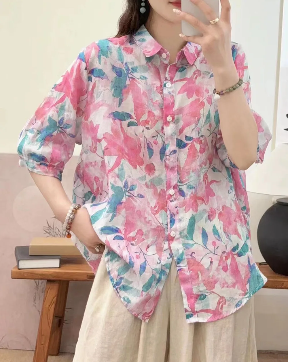 New Summer Cotton Linen Half Sleeve Shirt Lapel Printed Tops Mori Girl Casual Loose Commute Retro Blouse 2024 Autumn T46748QC