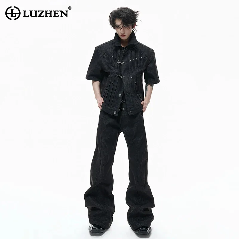 

LUZHEN 2026 Summer New Metal Buckle Placket Pleated Design Short Sleeve Shirts Men Fashion Handsome Wide Leg Casual Pants JY6336