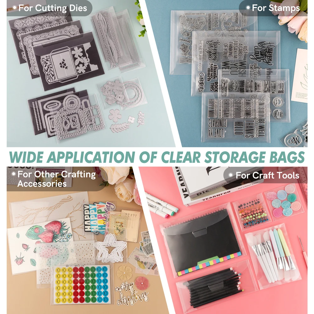 10PCS/Set Clear Stamp Die Storage Bag 3.9*3.9/5*7/5.5*7.5/3.9*9.4/7*9.4inch Resealable Plastic Envelopes Pockets for DIY Storage