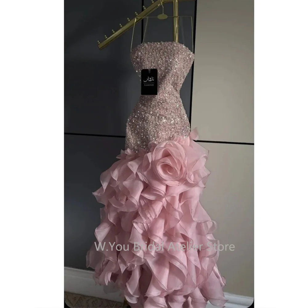 Abendkleider mit Vollperlenbesetztem Oberteil, Formelle Kleider mit 3D-Rosenrüschen, Mehrlagiges Meerjungfrauenkleid für Hochzeitsfeiern, Maßanfertigung möglich