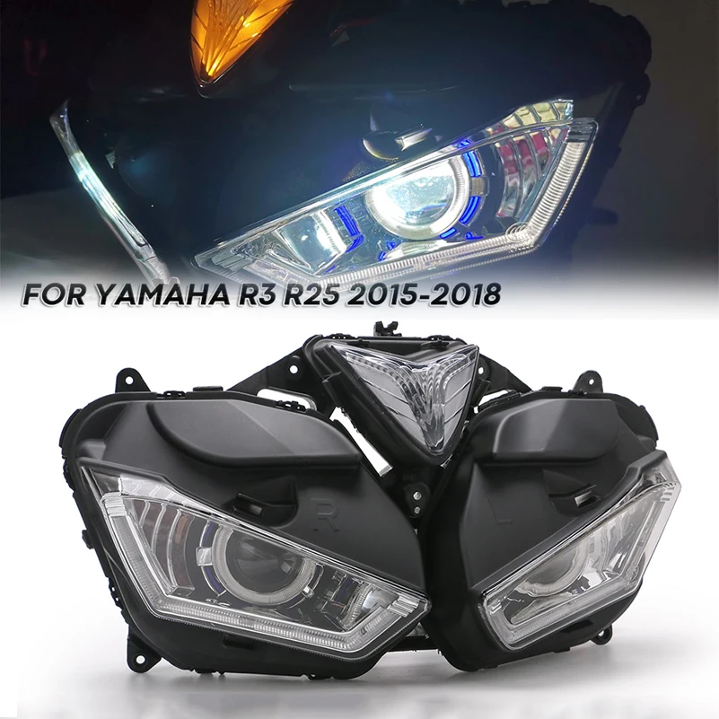 

LED Headlight Assembly White Blue Angel Eyes Fit for Yamaha R3 R25 2015 2016 2017 2018 V2 High Low Beam Motorcycle accessories.