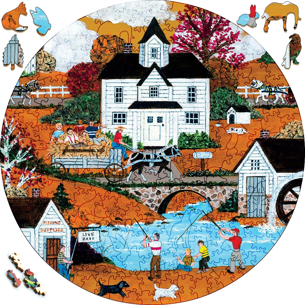 

Unique Wooden Puzzles Farm Recreational Fishing Wood Jigsaw Puzzle Craft Irregular Family Interactive Puzzle Gift for Kids Game