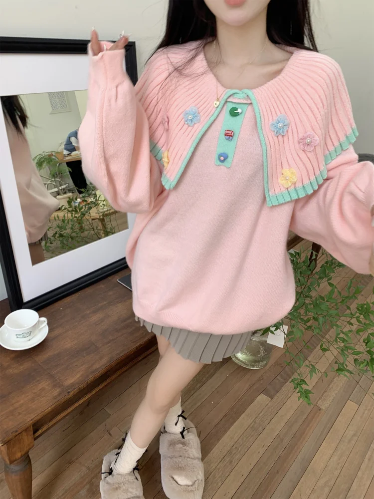 Korobov Y2k Clothes Sweet Lovely Navy Collar Sweater 3D Flowers Autumn Winter Pullovers Loose Korean Fashion Sueters De Mujer