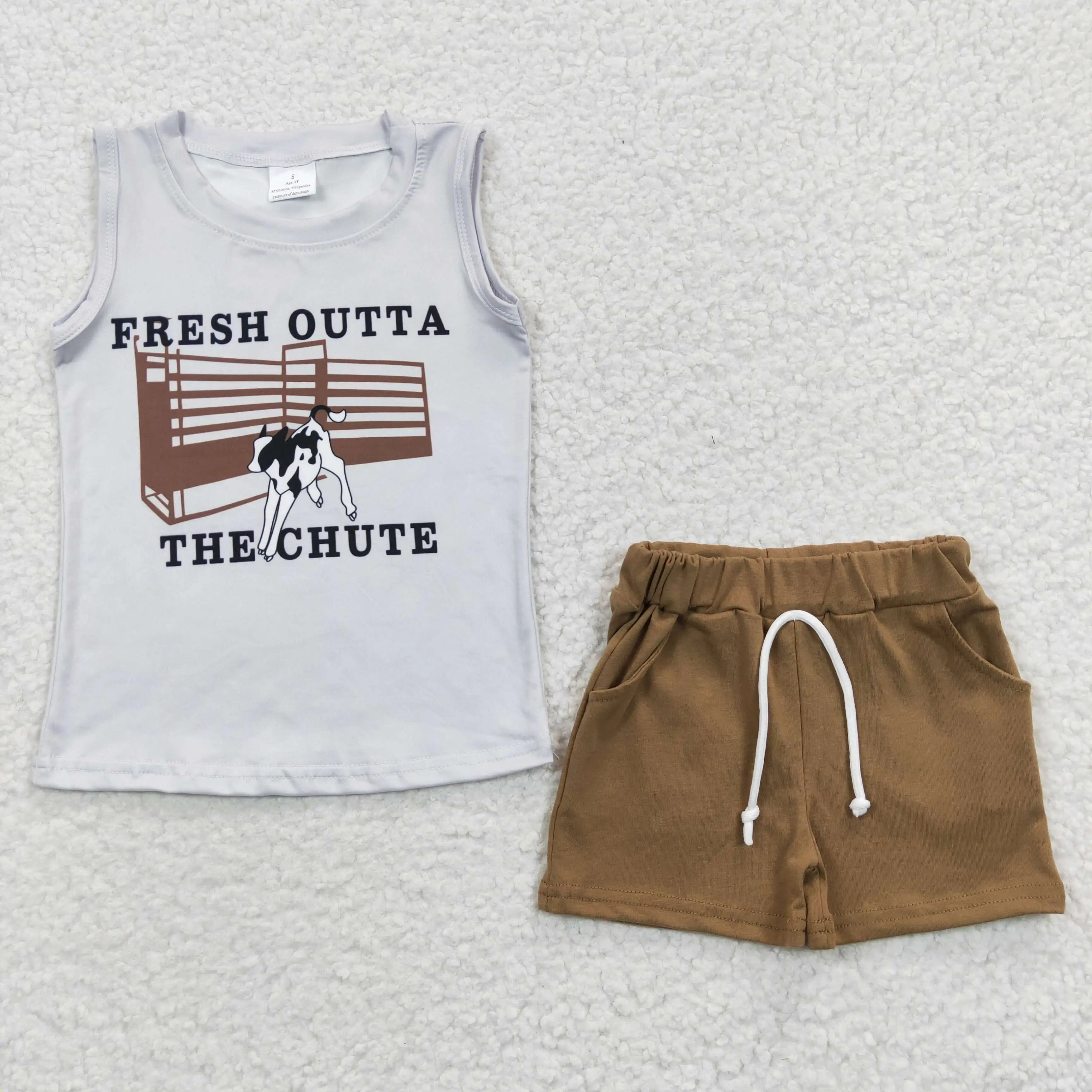 Fresh Outta The Chute Cow Print Gray Brown Sleeveless Summer Boy Vest Shorts Sets BSSO0223