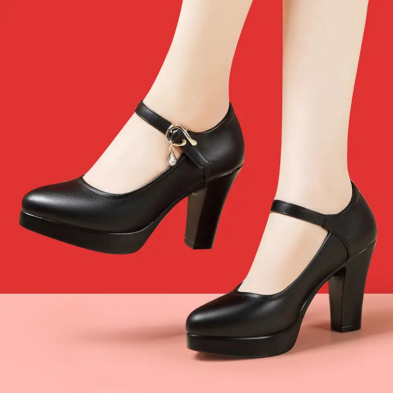 9cm Comfortable Fashion Soft Leather Mary Janes Women's Platform Shoes 2023 Fall Block High Heels Pumps Office Mom Dance Model