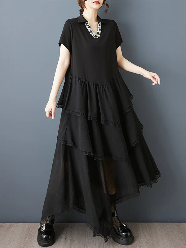 

Elegant V-Neck Asymmetrical Chiffon Splicing Summer New Style Dark Design Loose Craftsmanship Dress Ladies A-Line Skirt