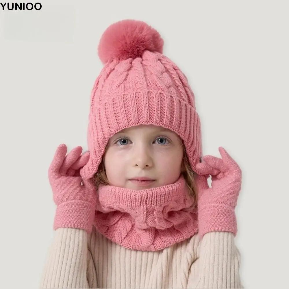 

Solid Color Baby Hat Scarf Gloves Set Cute Pompom Thickened Toddler Knitted Hats Keep Warm Warm Ears Kids Hat Set Christmas Gift
