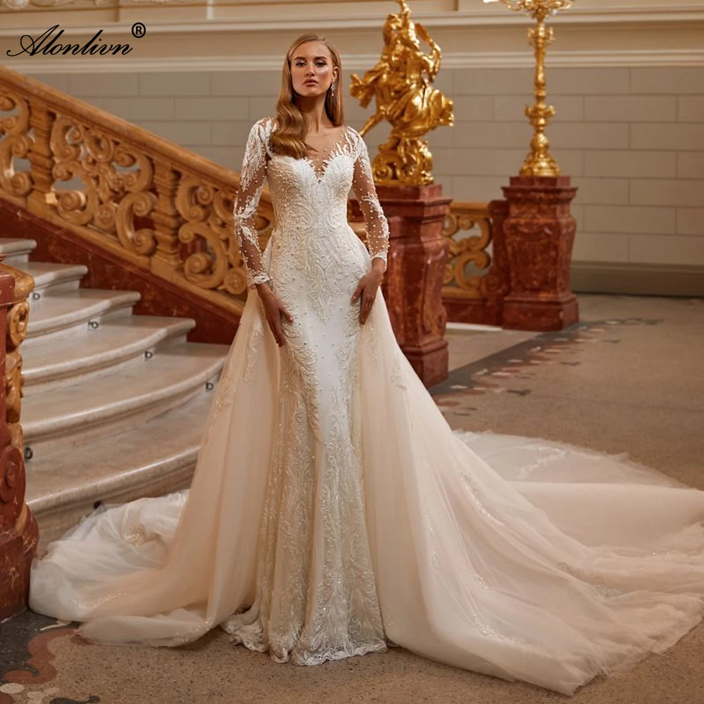 

Alonlivn New 2 In 1 Mermaid Wedding Dress Embroidery Appliques Beading Pearls Lace V-Neck Trumpet Bridal Gowns