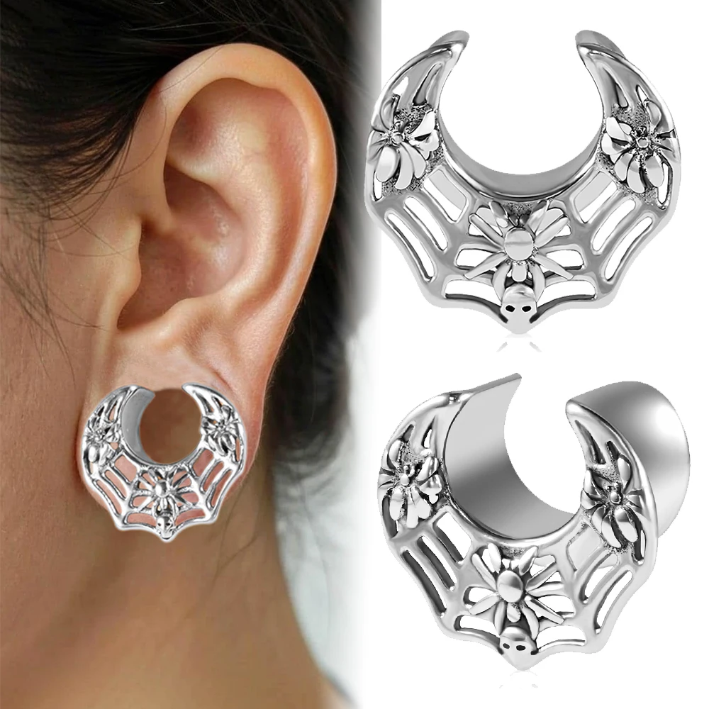 1/2PCS 316 Surgical Steel U Shape Skull Spider Net Ear Tunnels Ear Gauge Piercing Expansion Ear Plug Saddle Stretcher Ear Weight