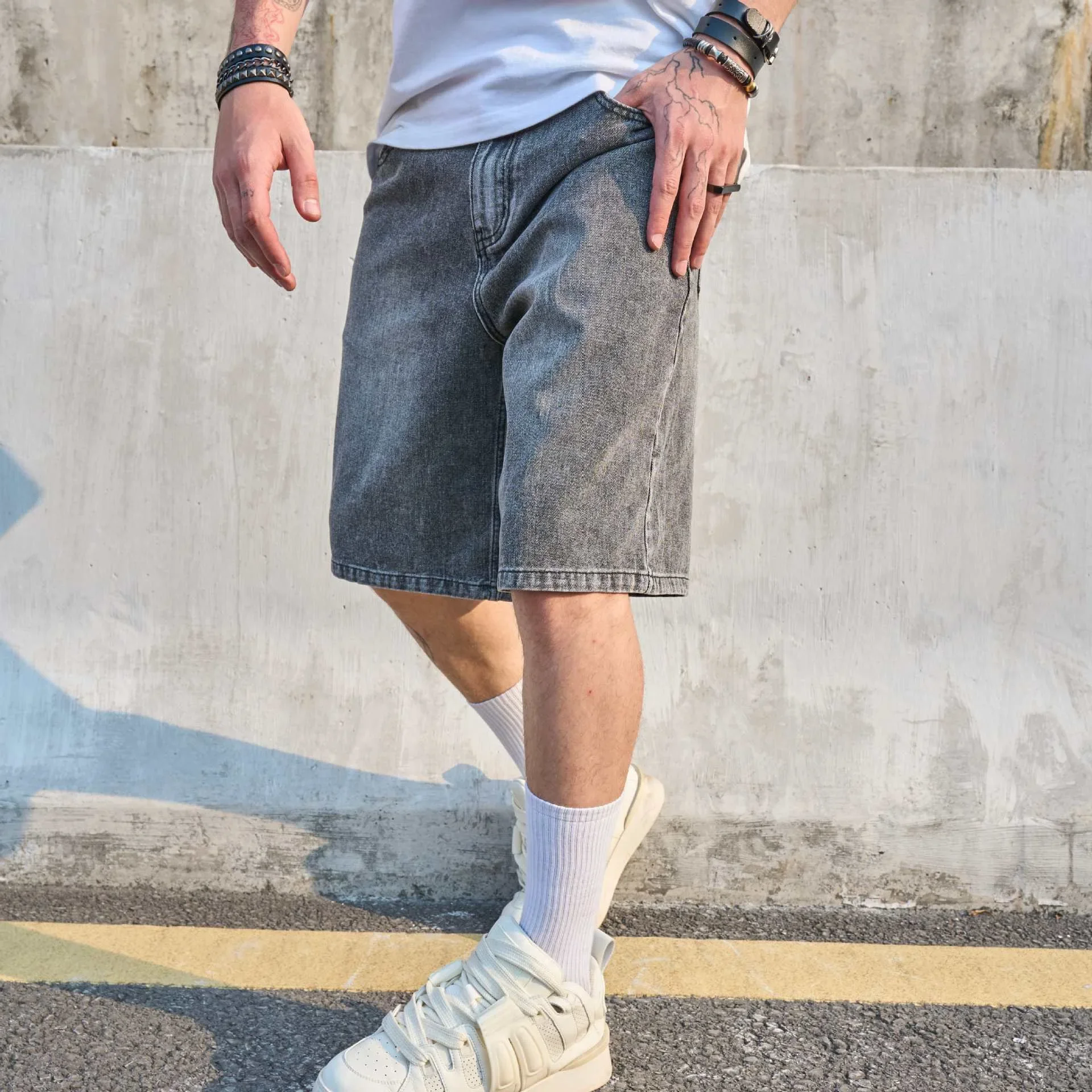 American Denim Shorts Men's Summer Thin Straight Loose Medium Pants New Trendy Brand Casual Five-point Pants
