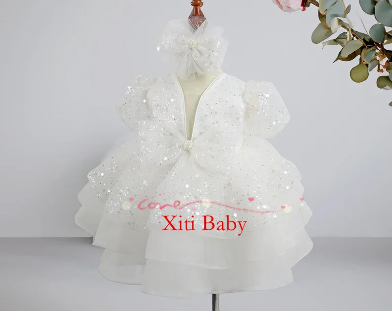

White Sequin Girl Dress with Chiffon Bows Short Puffy Tulle Party Dress for Birthday Photoshoot or Special Occasions Dress