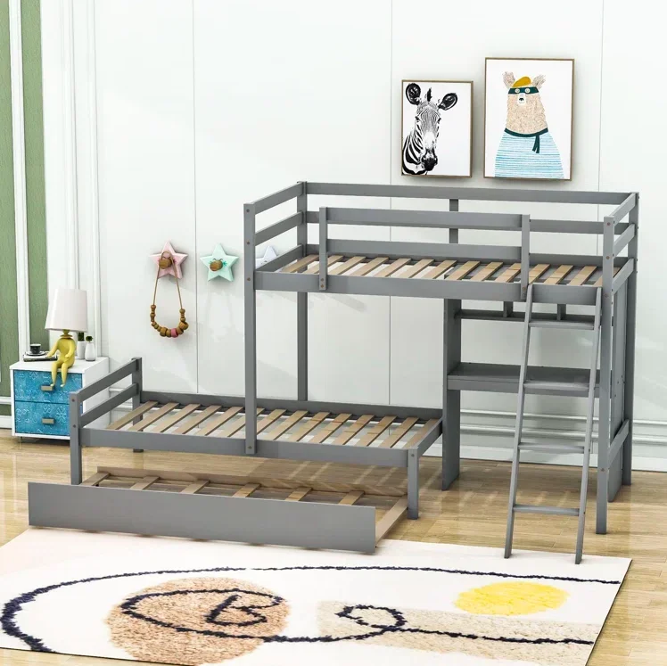 Twin over Twin Bunk Bed with Desk and Trundle Wooden Children Bunk Bed Two Layer Kids House Bed