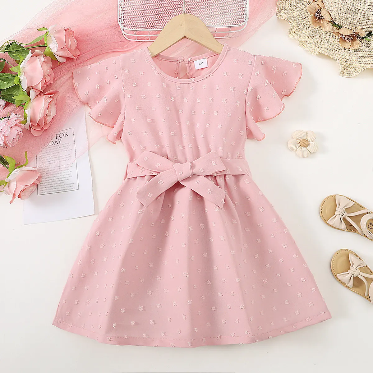 

2024 New 4-7 Years Little Girls Flutter Sleeves Summer Chiffion Casual Daily Play-Wear Dress