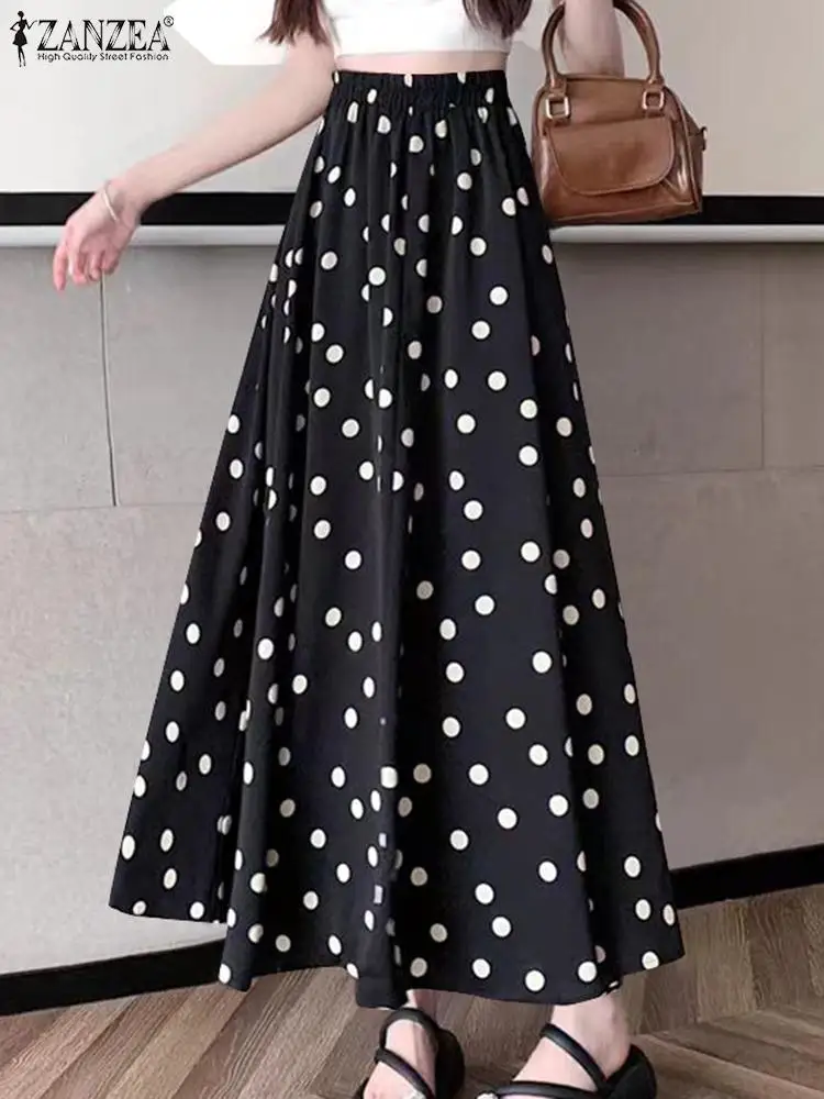 ZANZEA Summer Polka Dot Umbrella Skirt Women Casual Pleats A Line Midi Skirts Elastic Waist Jupe Holiday Beach Bohemian Faldas