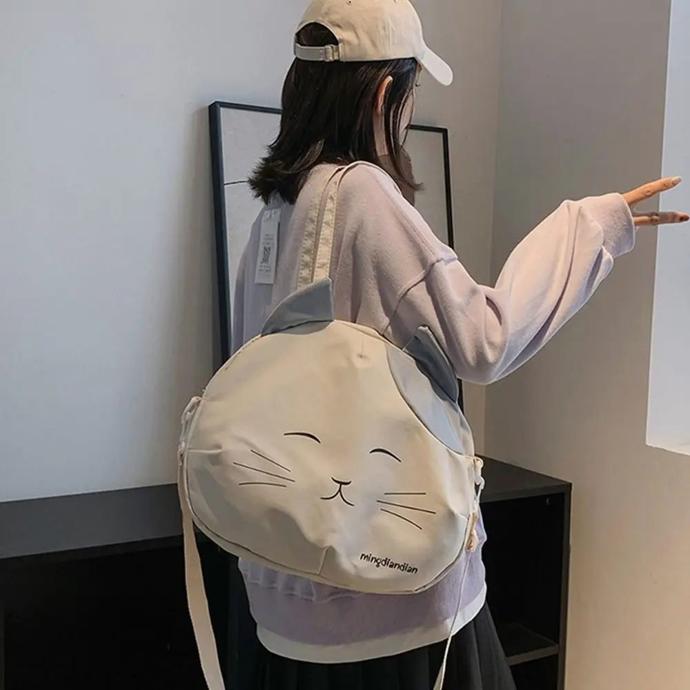 Canvas Nylon Prints Cat Messenger Bag Lightweight Shoulder Bag College Style Handbag Portable Large Capacity Crossbody Bag Girl