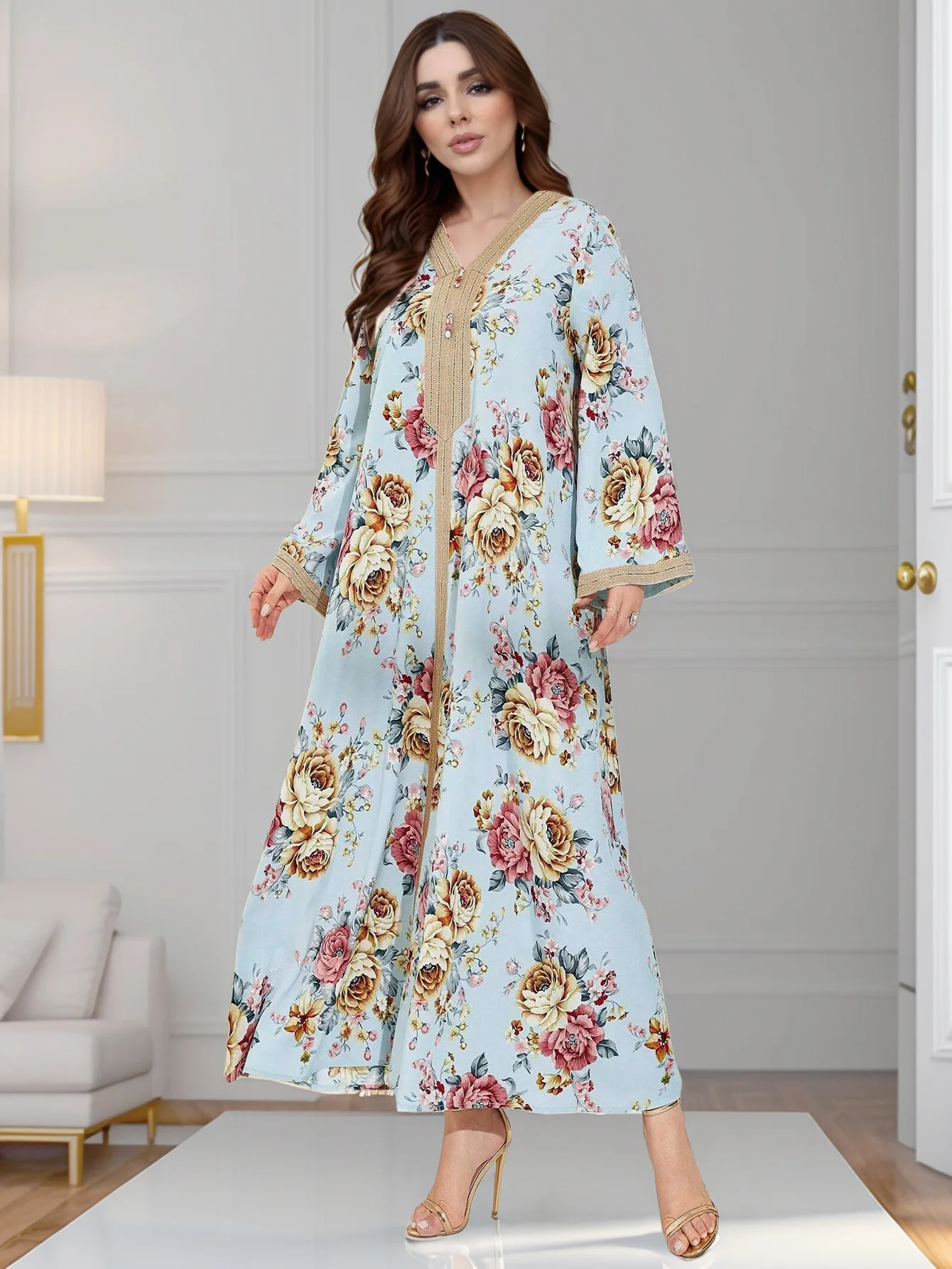 

Ид женское платье с принтом мусульманская Абая с расклешенными рукавами и v-образным вырезом Vestidos Largos Kaftan арабский длинный халат Джалабия Рамадан длинные платья 2025