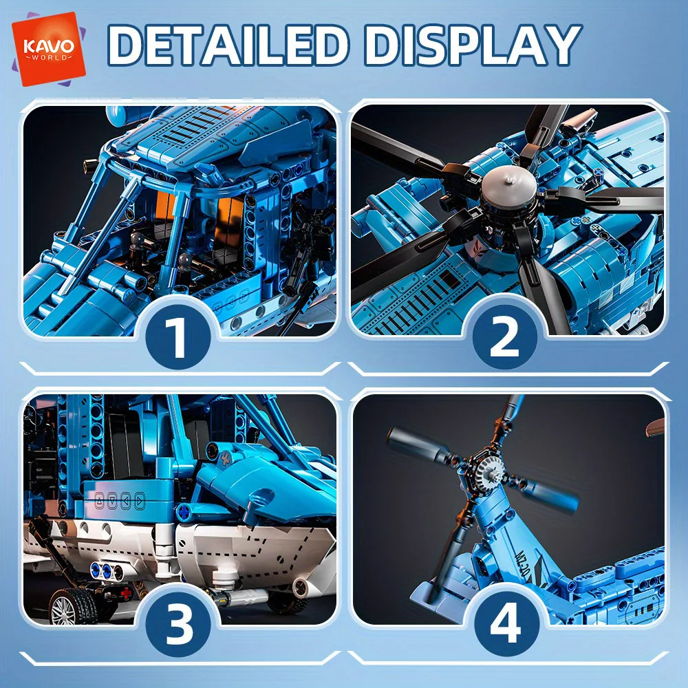 KAVOWORLD 1521PCS Blue Helicopter Building Toys Set Remote Control Realistic Airplane Model with Working Landing Gear Rotating Rotors Missiles Cockpit and Equipment Systems DIY Assembly Bricks for Teenagers Ideal Birthday Christmas Gift for Airplane Fans view 5