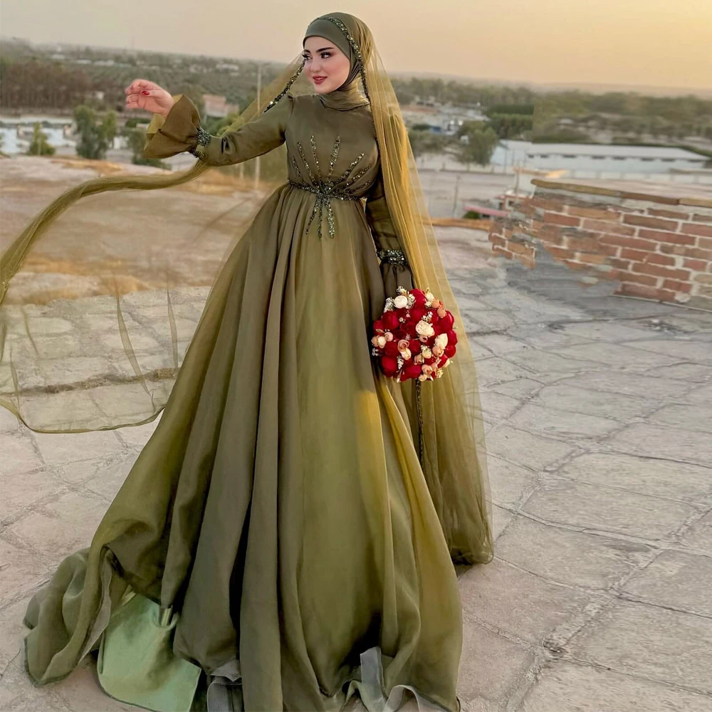 Customized Olive Green Ball Gown Wedding Dress Beaded Sequin Hijab Bridal Gown Flare Sleeve Gelinlik Muslim Dresses