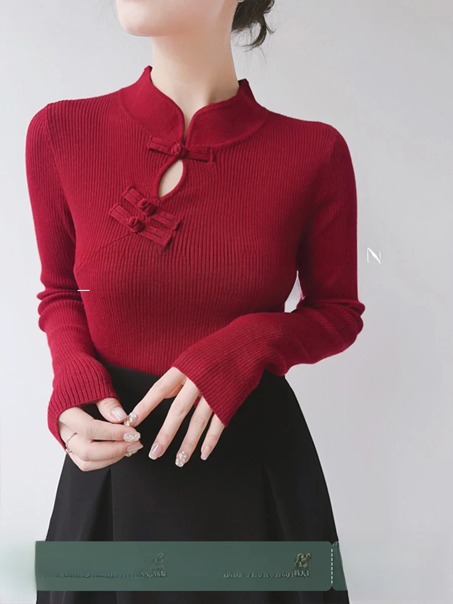 

Red Knitted Sweater Women's Slim Fit Spring Autumn Button up Waist Cinched Chinese Sle Inner Wear Commute Faion Simple De...