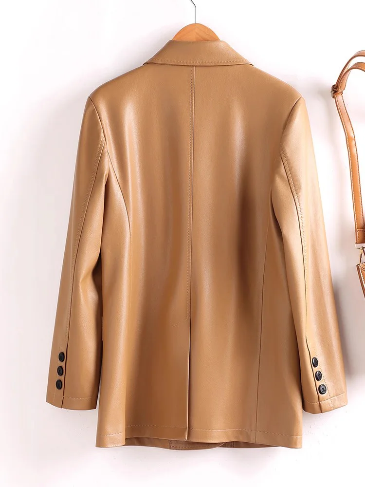 New Women Split Leather Casual Blazer Spring Autumn Fashion Suit Collar Double Breasted Loose Waist Leather Coat Female Blazer
