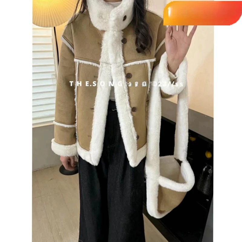 

Miiiix Winter New Korean Fashion Slimming Leather Plush Jacket Warm Motorcycle Loose Casual Stand Up Collar Coat Female Clothing