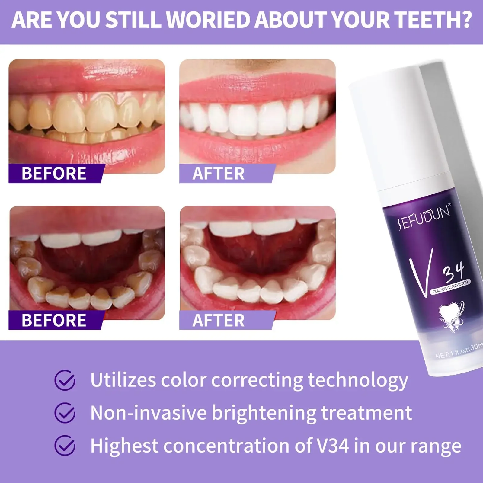 V34 sbiancante alito fresco dentifricio viola schiarente rimuovi macchia riduce l'ingiallimento cura per le gengive dei denti orale 30ml vendita calda