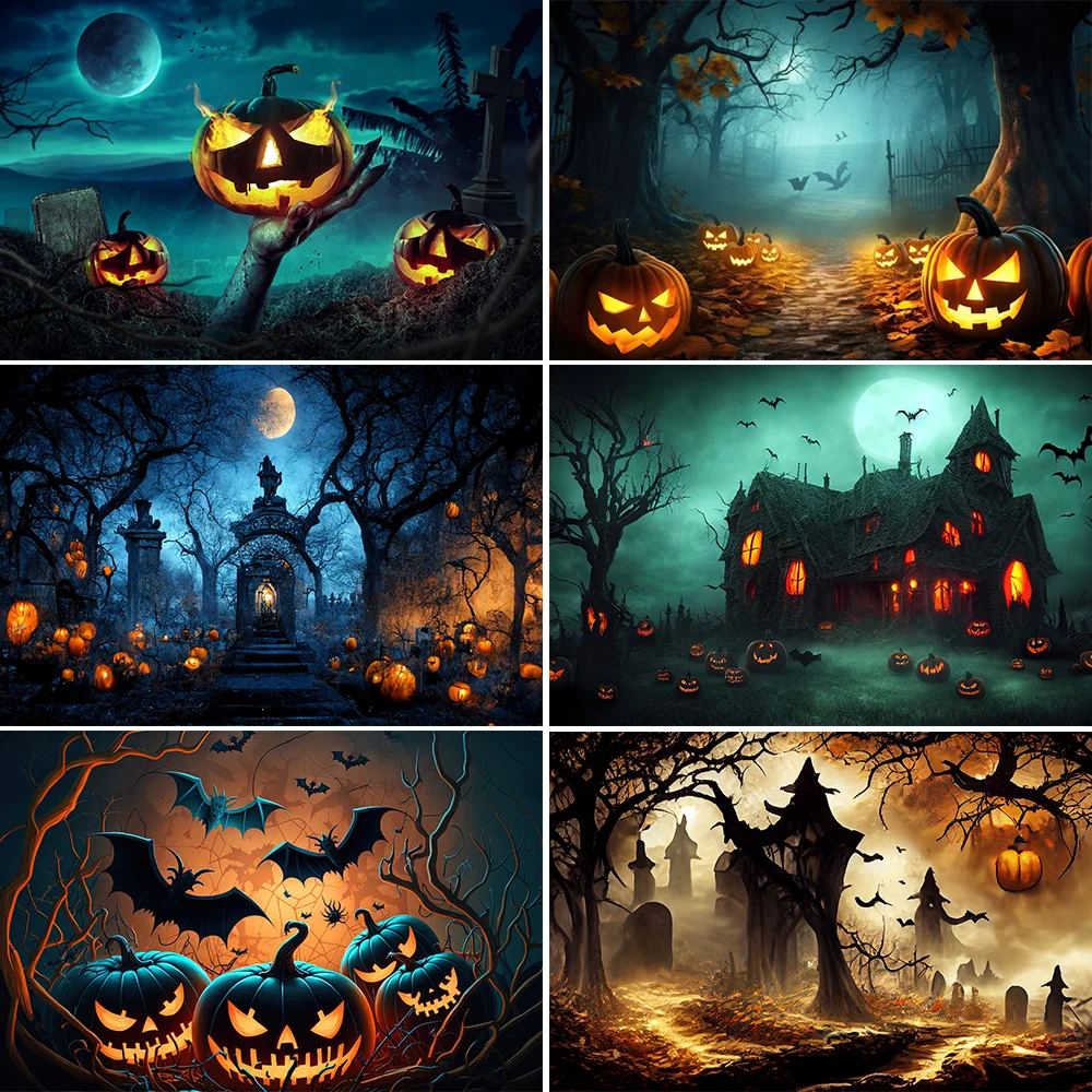 

Halloween Party Photocall Backdrop Horror Night Scary Moon Human Skeleton Forest Castle Children Portrait Photography Background