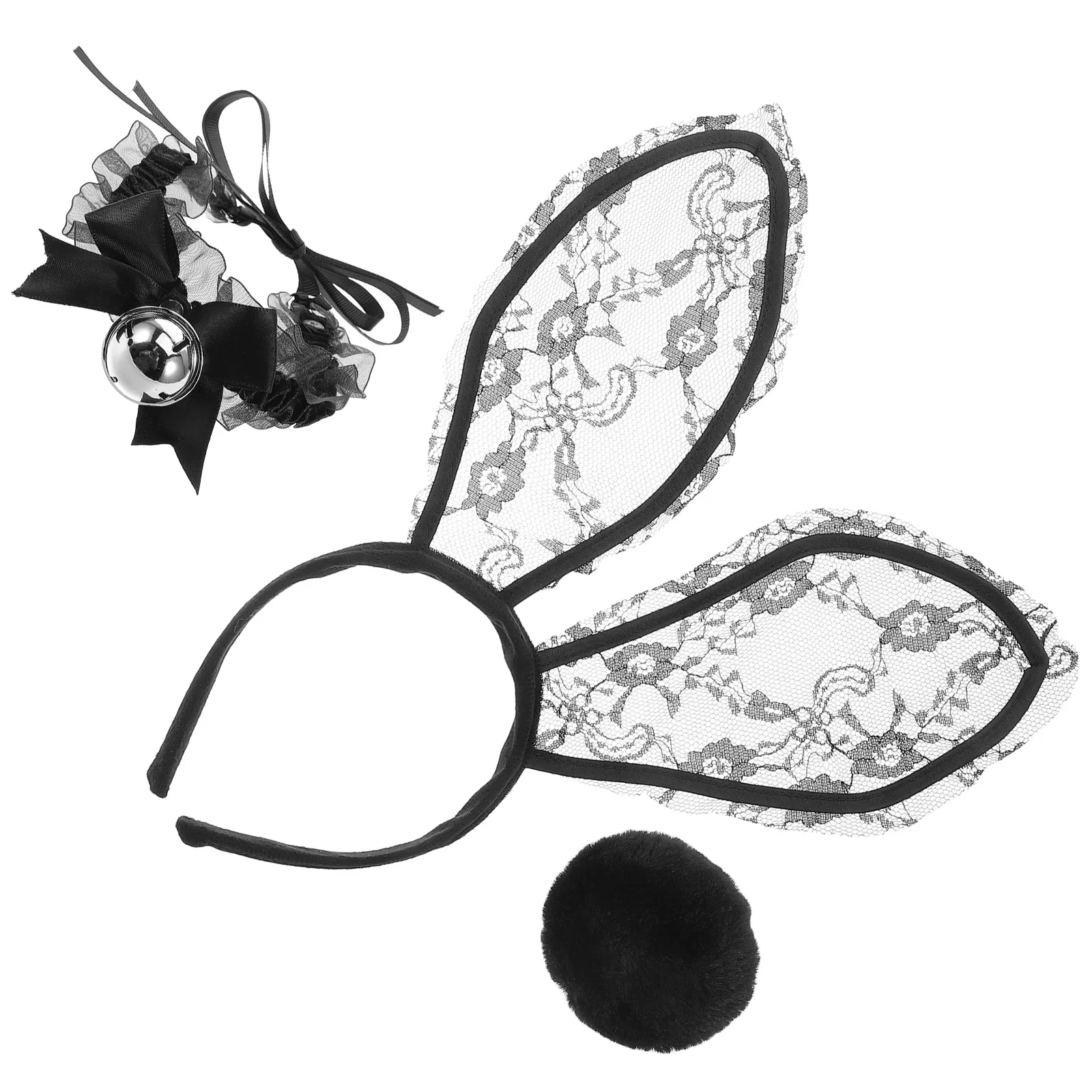 Bunny Ears Headband Black Lace Rabbit Collar Round Tail Easter Halloween Party Cosplay Costume Bunny Accessories Women