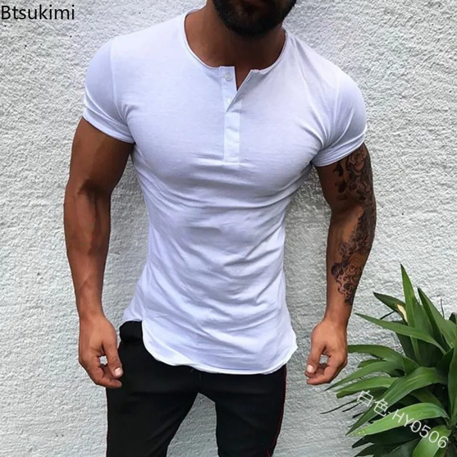 

2025 Men's Summer Casual Short Sleeved Shirt Round Neck Solid Color Basic Thin Style Top for Men Button Slim Fit T-shirt Male