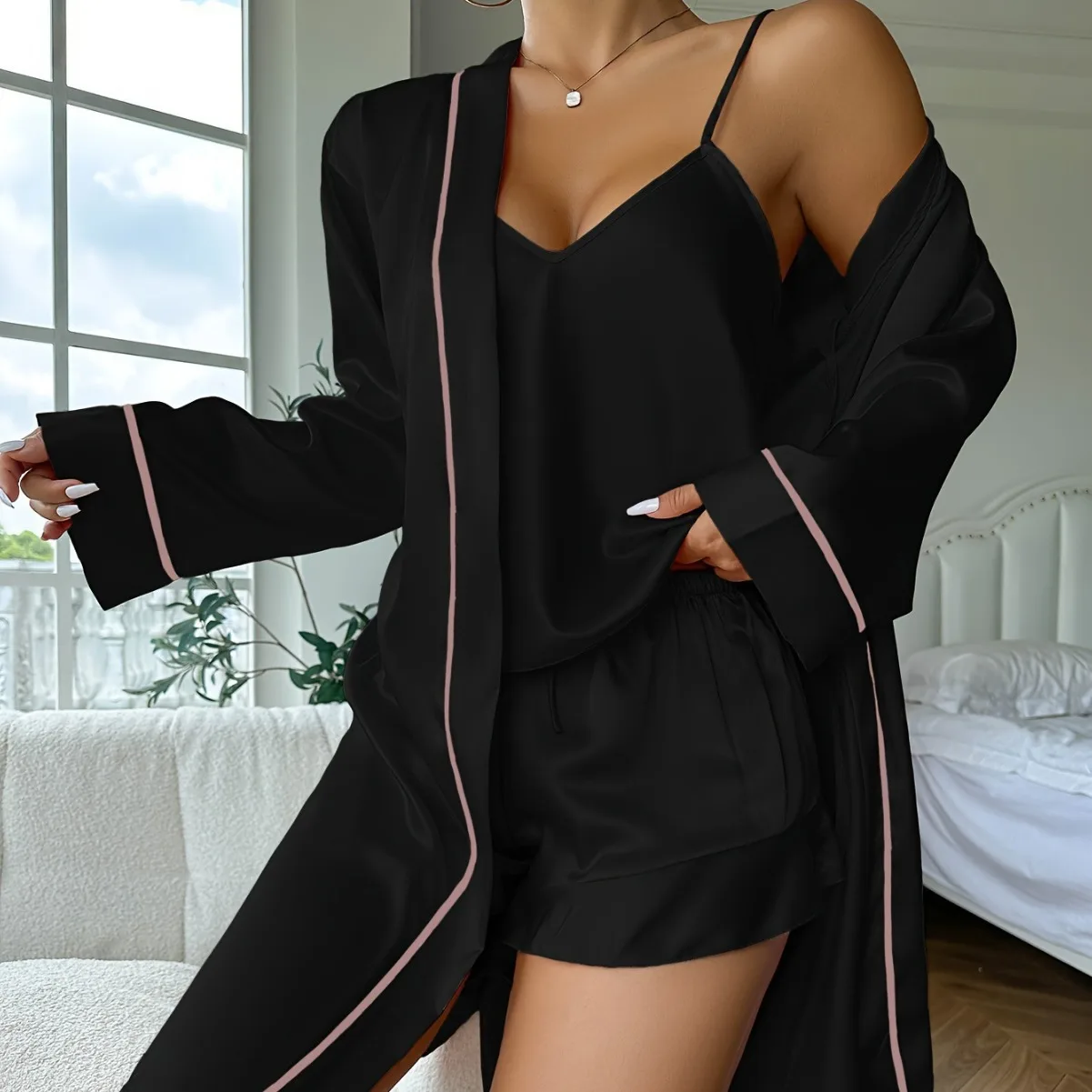 Women\'s New Pajamas Three-Piece Set of Women\'s Sexy Suspenders Shorts Robe Summer Comfortable Leisure Home Wear Pajama Set