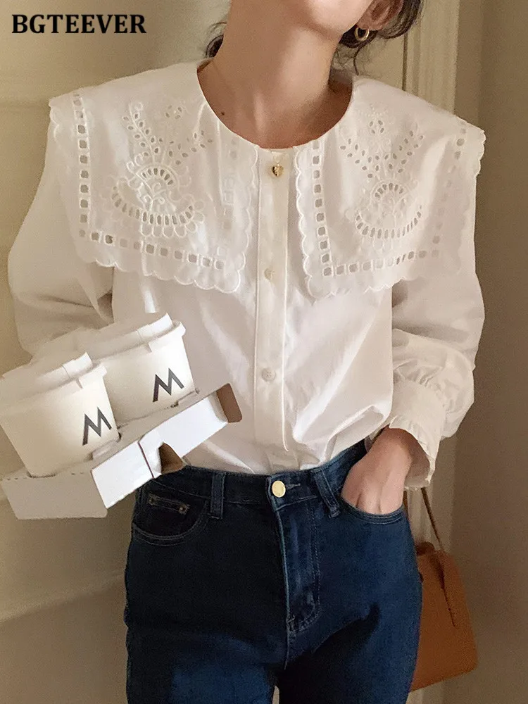 BGTEEVER Stylish Loose Embroidery Female Shirts Hollow Out Lapel Full Sleeve Ladies White Blouse Spring Summer Ladies Blusas