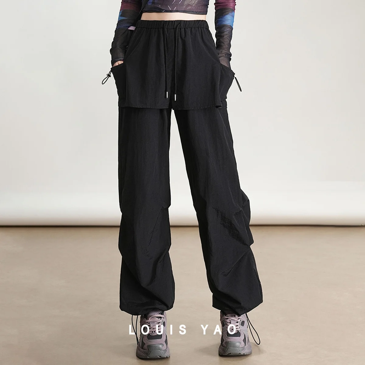 

LOUIS YAO Faux Two-Piece Drawstring Workwear Pants 2025 Autumn Sweet and Cool Style Women's Trousers Pockets Casual Pants