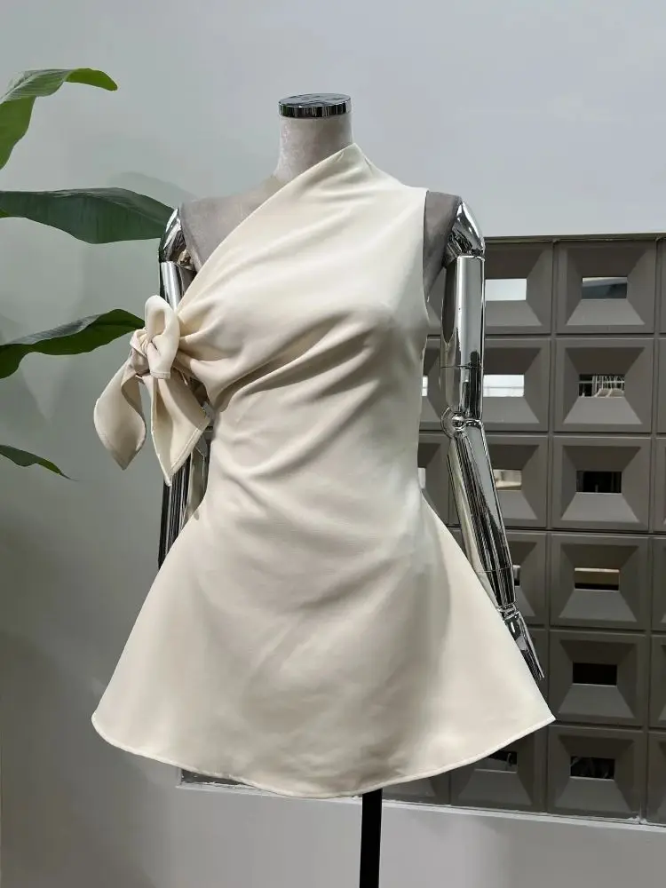 Shoulder Tie Bow Asymmetric Niche Design Dress Slimming Elegant Beautiful Minimalist Chic Women Fashion Clothing Unique Style