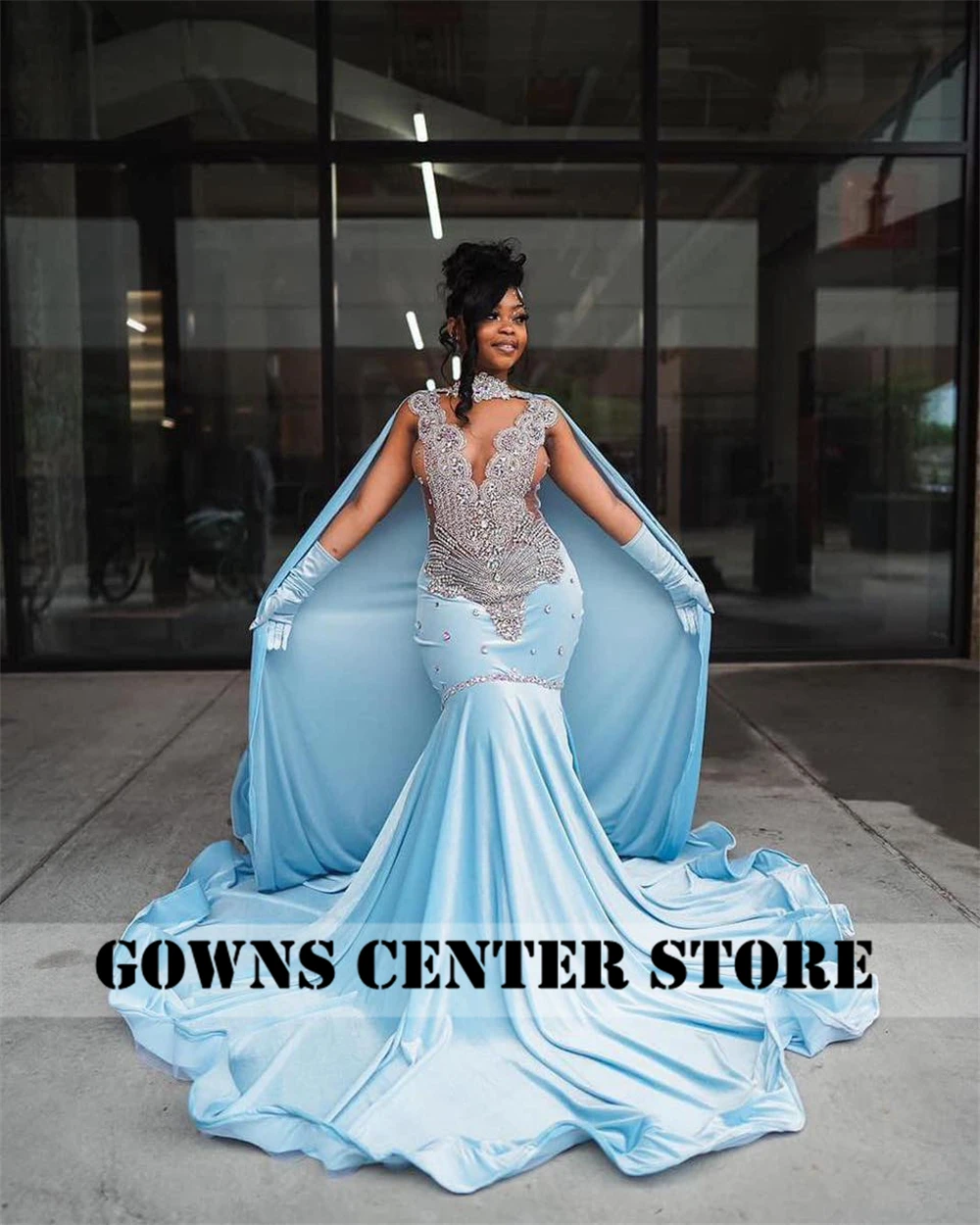 Sky Blue Velvet Sliver Crystal Beading Prom Dresses For 2024 Luxury Designer Party With Cape Mermaid Black Girls Customized